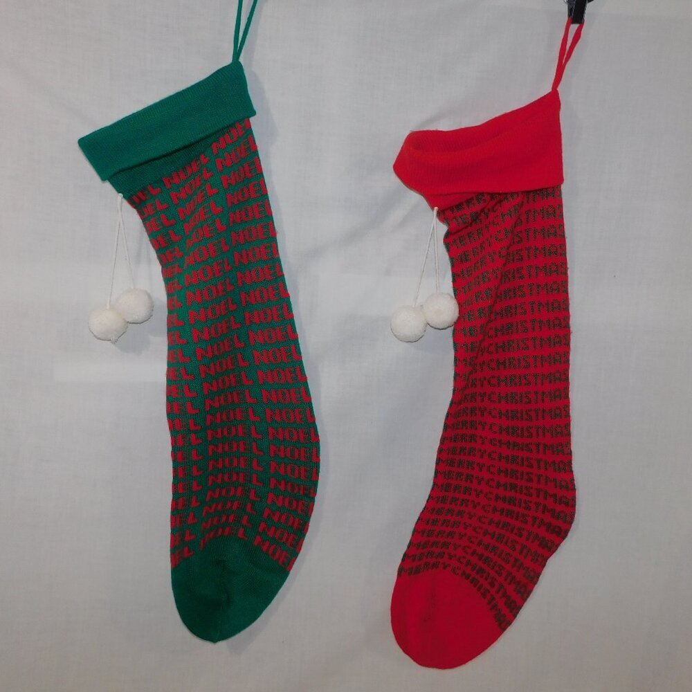 Set 2 VTG Large 33" Knit Christmas Stocking Merry Christmas Noel Green Red Adler